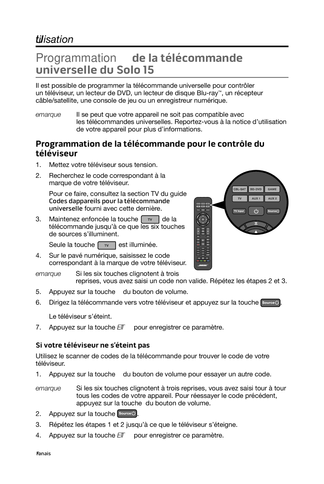 Bose 15/10 manual Programmation de la télécommande universelle du Solo, Si votre téléviseur ne s’éteint pas 