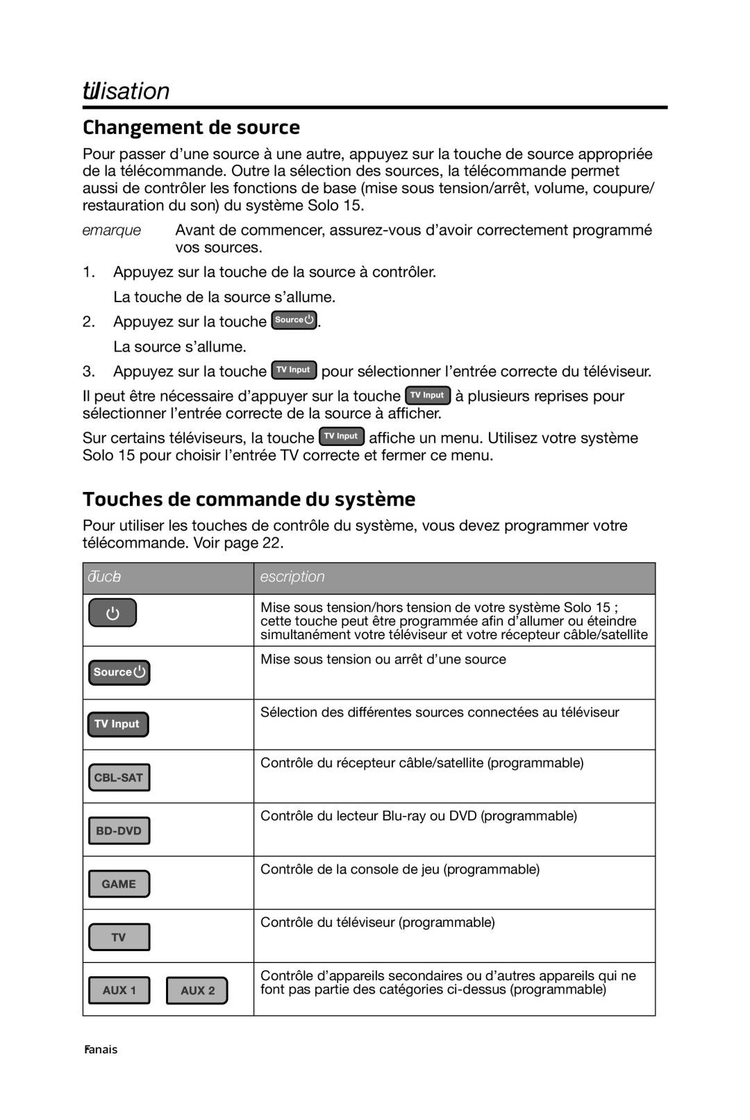 Bose 15/10 manual Changement de source, Touches de commande du système 