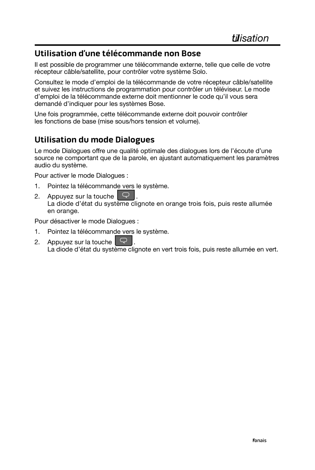 Bose 15/10 manual Utilisation d’une télécommande non Bose, Utilisation du mode Dialogues 