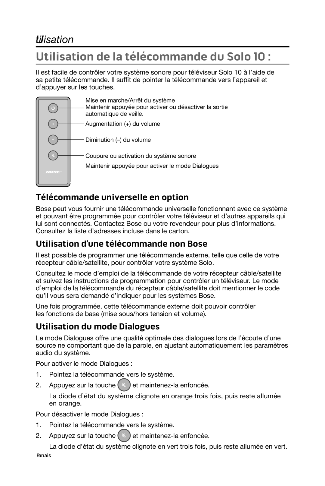 Bose 15/10 manual Utilisation de la télécommande du Solo, Télécommande universelle en option 