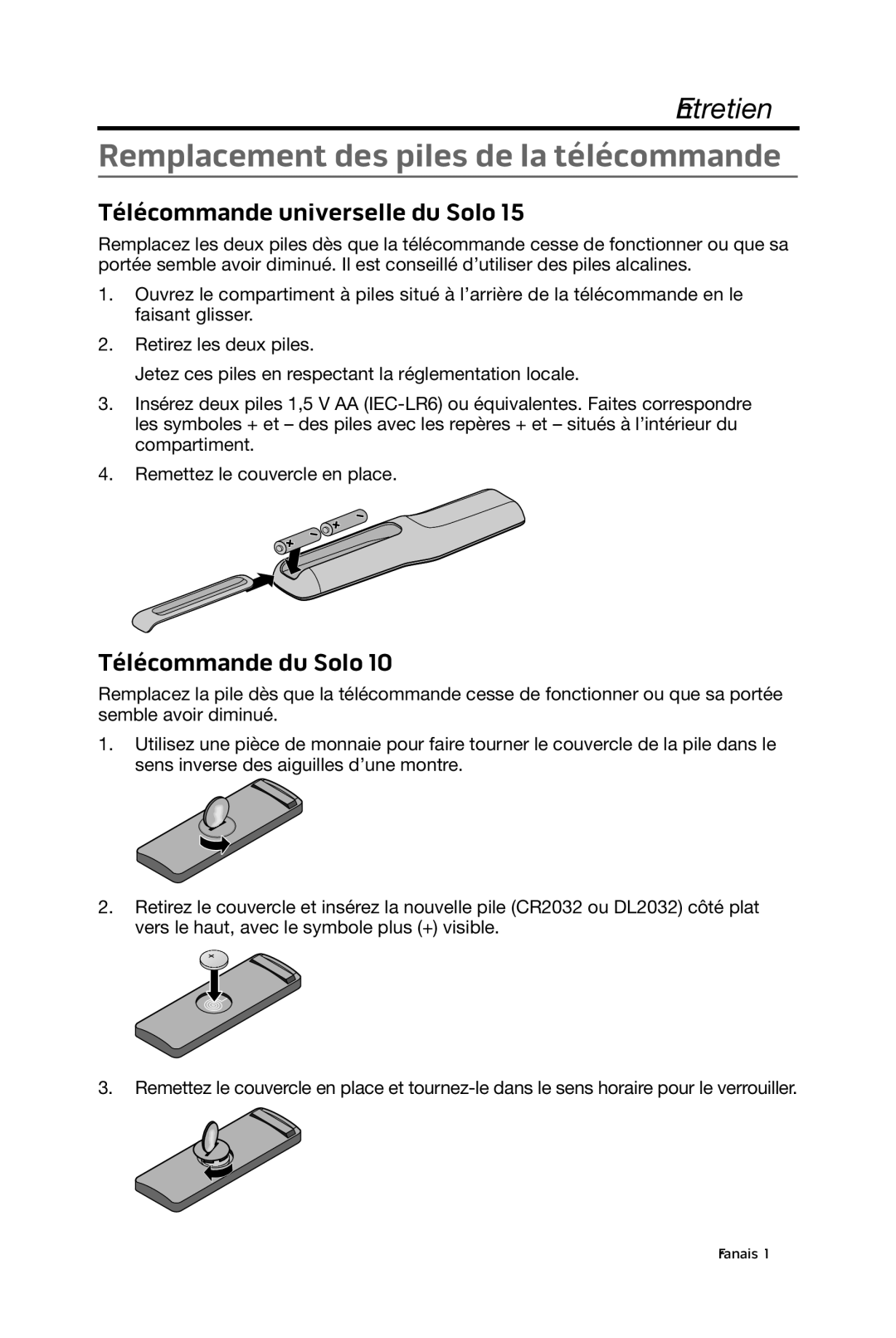 Bose 15/10 manual Remplacement des piles de la télécommande, Télécommande universelle du Solo, Télécommande du Solo 