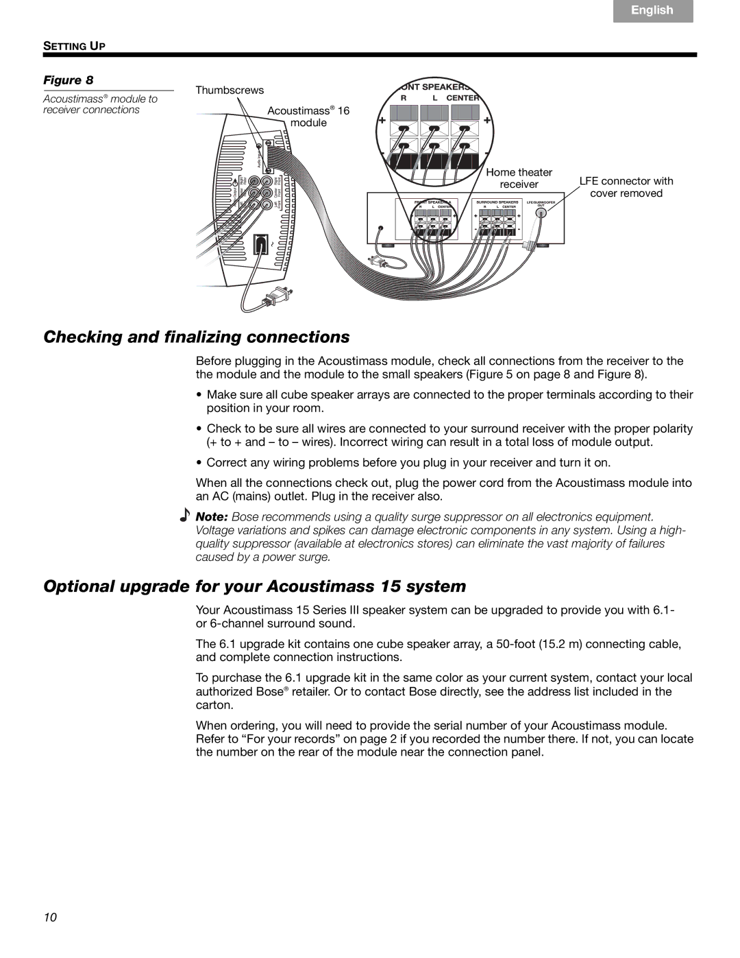 Bose 16, 15 manual Checking and finalizing connections, Optional upgrade for your Acoustimass 15 system 