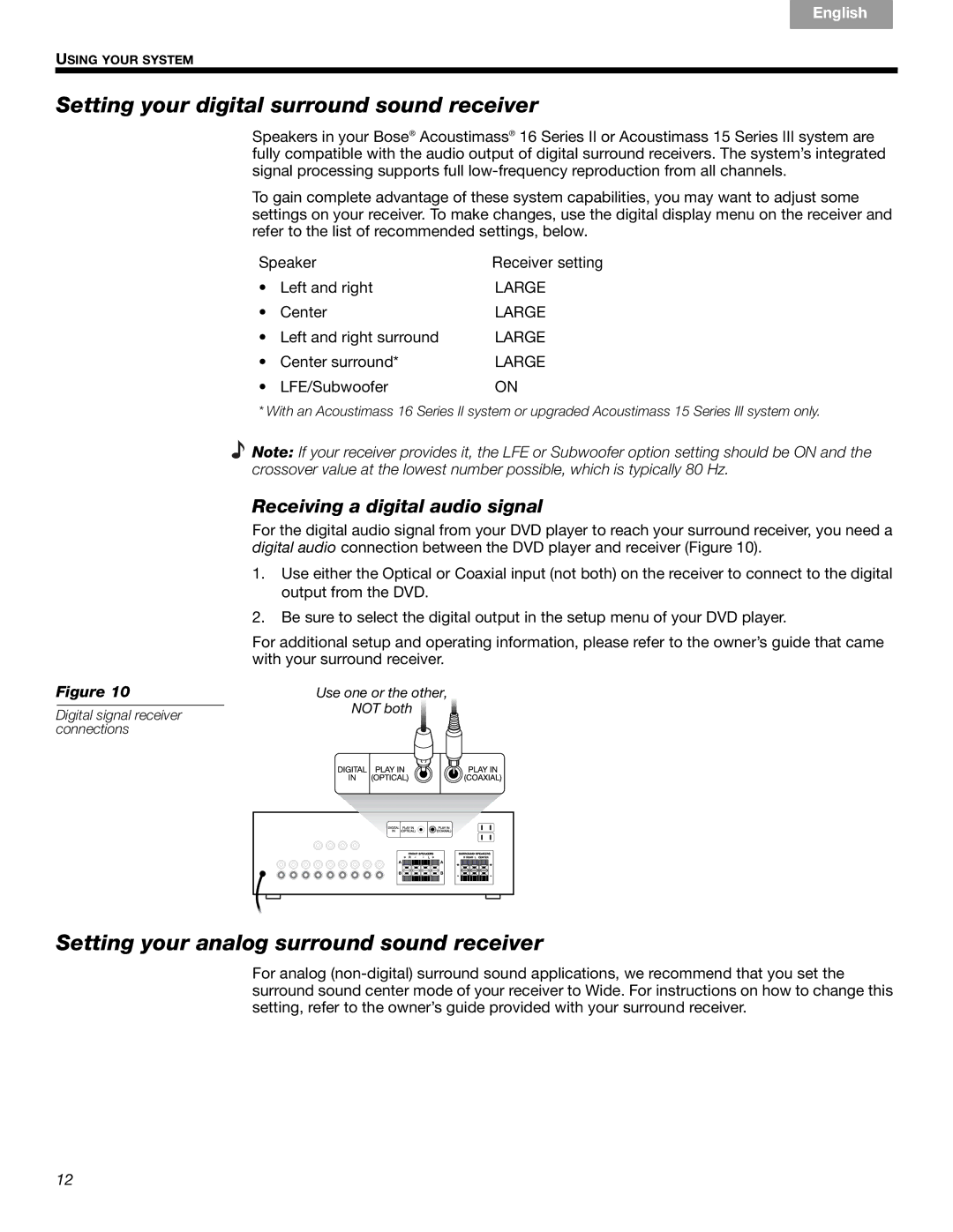 Bose 16, 15 manual Setting your digital surround sound receiver, Setting your analog surround sound receiver 