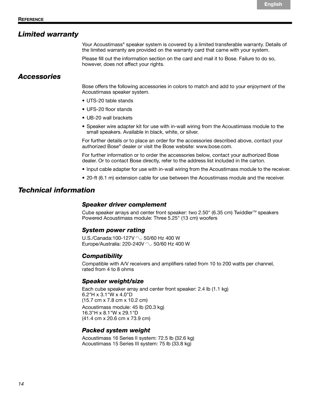 Bose 16, 15, 16 Series II, 15 Series III manual Limited warranty, Accessories, Technical information 