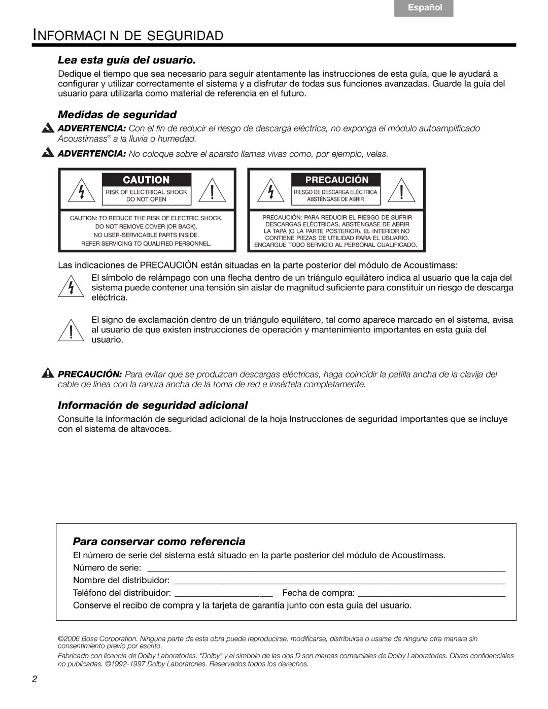 Bose 16, 15 Información DE Seguridad, Lea esta guía del usuario, Medidas de seguridad, Información de seguridad adicional 