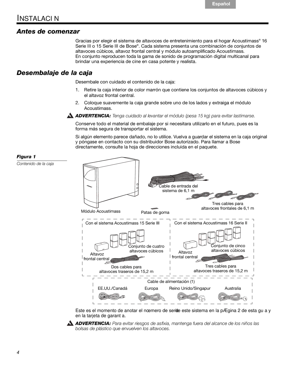 Bose 16, 15, 16 Series II, 15 Series III manual Instalación, Antes de comenzar, Desembalaje de la caja 