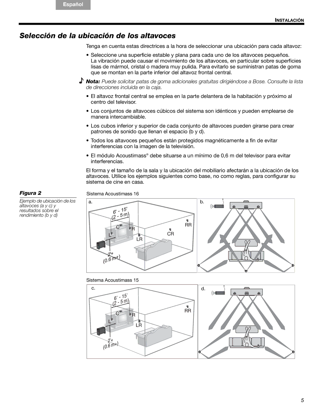 Bose 16 Series II, 15 Series III, 16, 15 manual Selección de la ubicación de los altavoces 