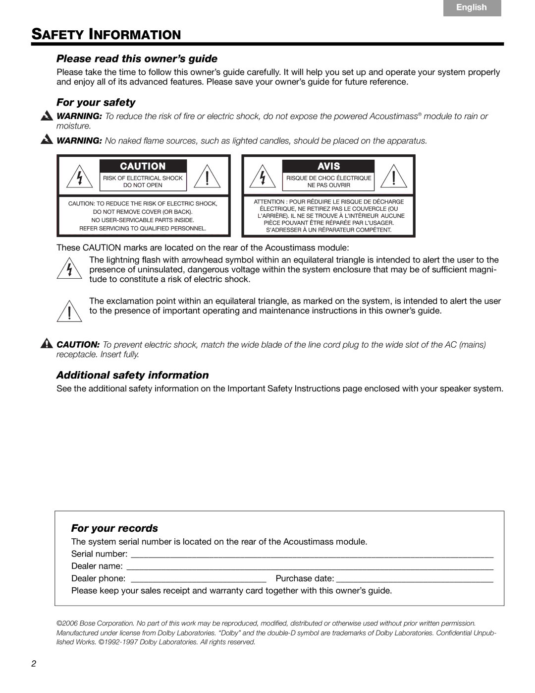 Bose 16, 15 manual Safety Information, Please read this owner’s guide, For your safety, Additional safety information 