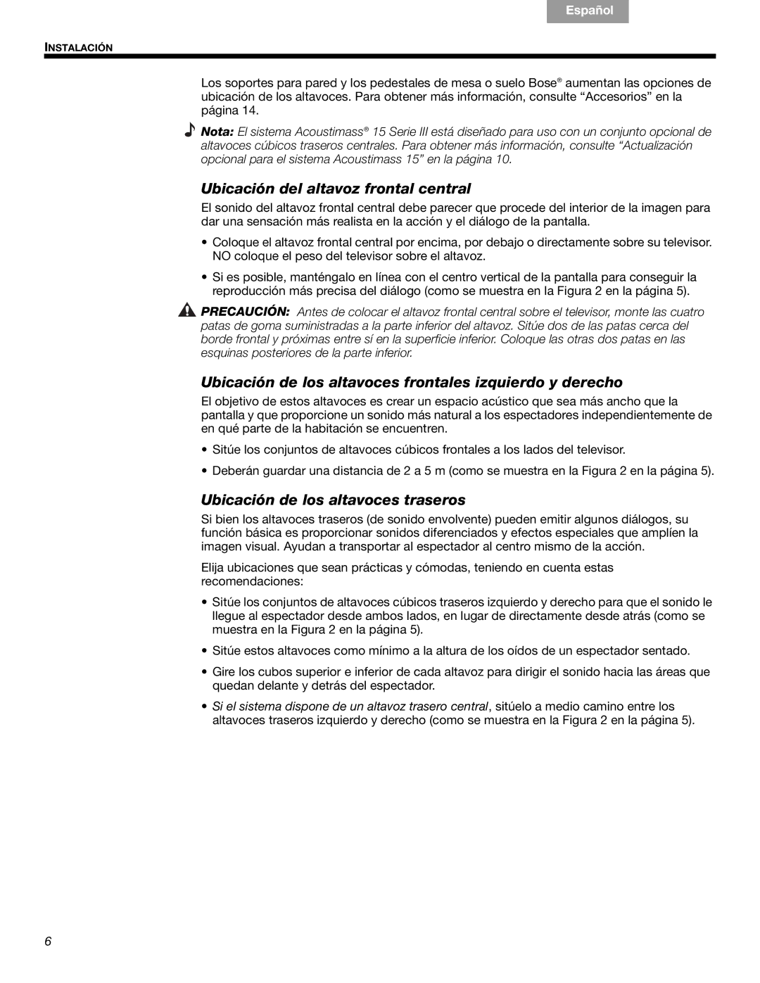 Bose 16, 15 manual Ubicación del altavoz frontal central, Ubicación de los altavoces frontales izquierdo y derecho 