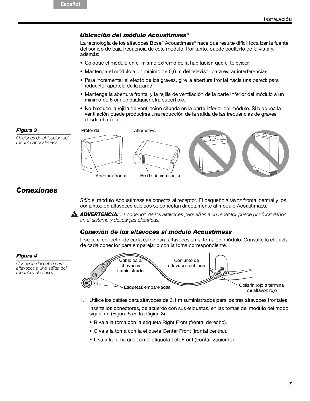 Bose 16 Series II, 15 Series III, 16, 15 manual Conexiones, Ubicación del módulo Acoustimass 