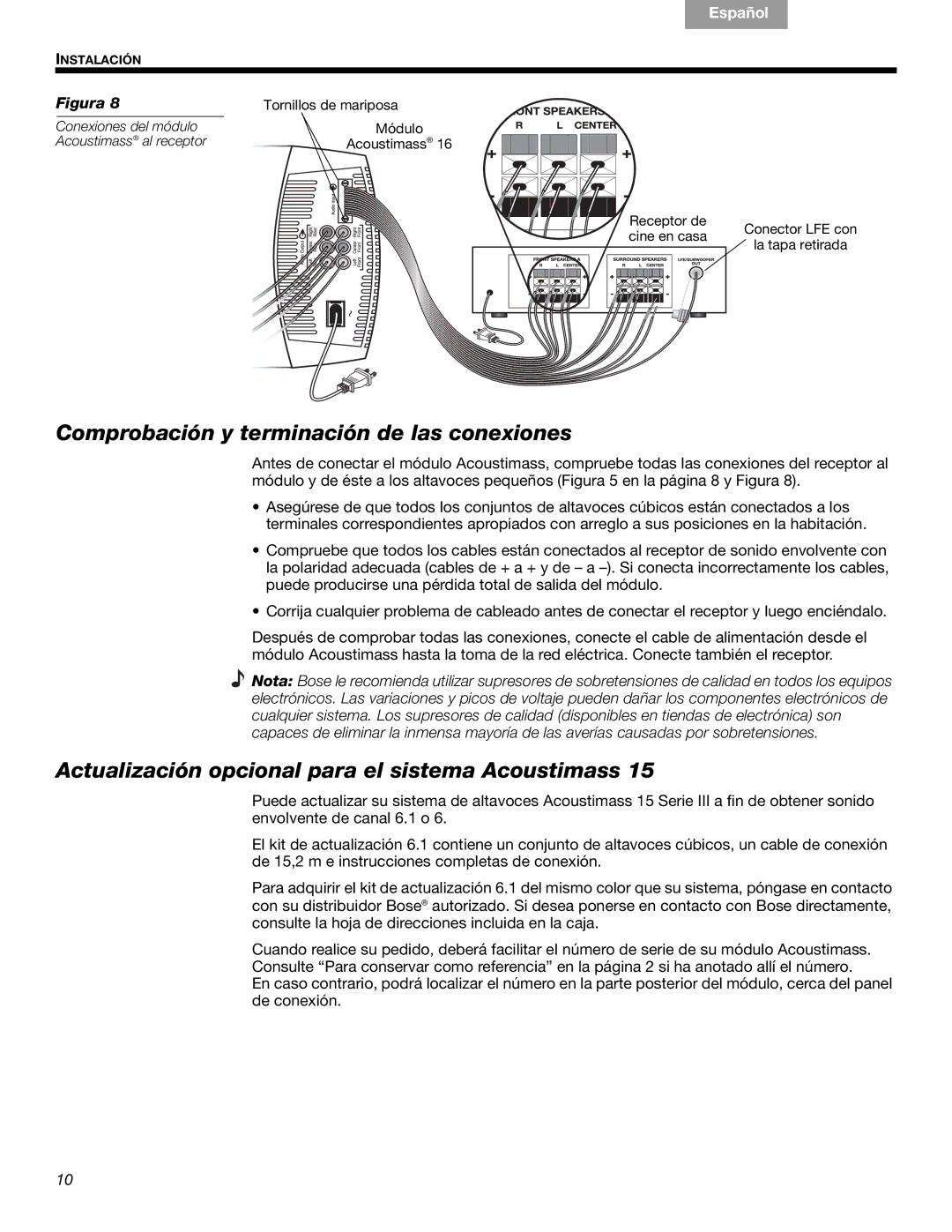 Bose 16, 15 manual Comprobación y terminación de las conexiones, Actualización opcional para el sistema Acoustimass 