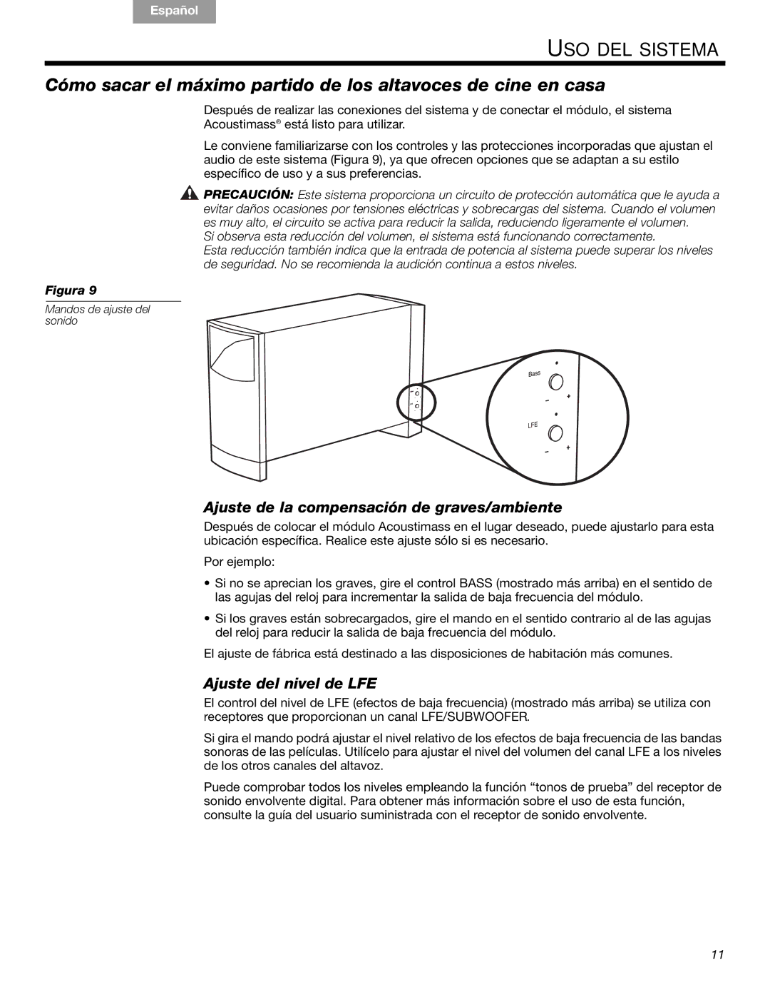 Bose 16 Series II, 15 Series III USO DEL Sistema, Ajuste de la compensación de graves/ambiente, Ajuste del nivel de LFE 