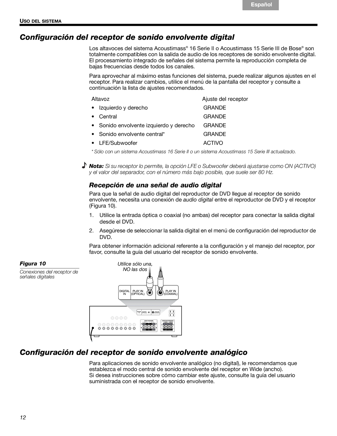 Bose 16, 15 manual Configuración del receptor de sonido envolvente digital, Recepción de una señal de audio digital 