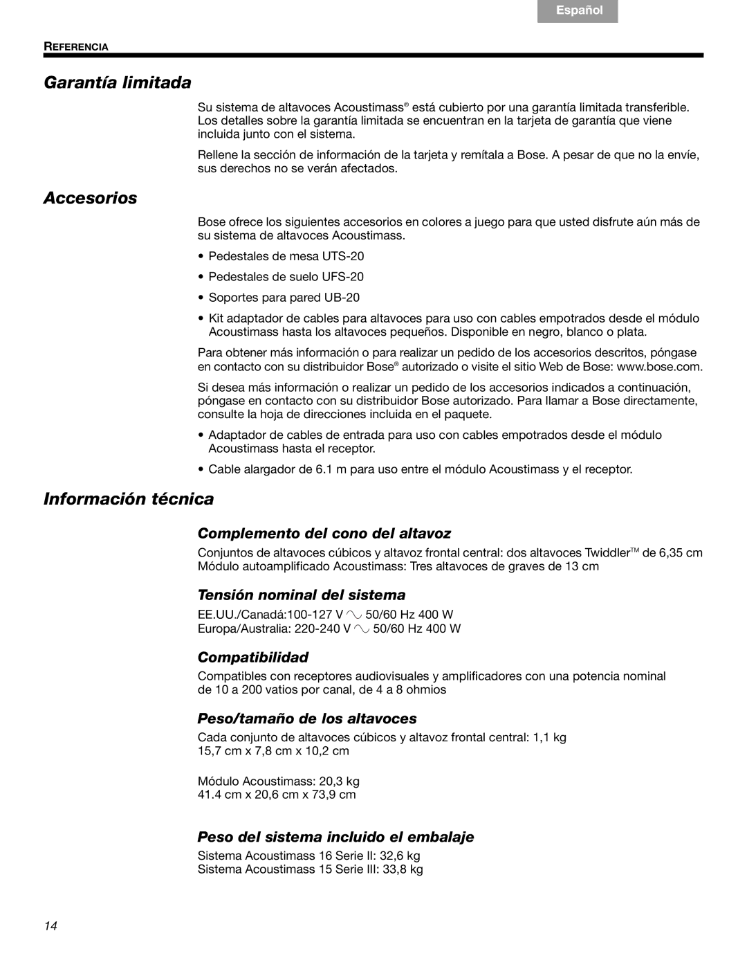 Bose 16, 15, 16 Series II, 15 Series III manual Garantía limitada, Accesorios, Información técnica 