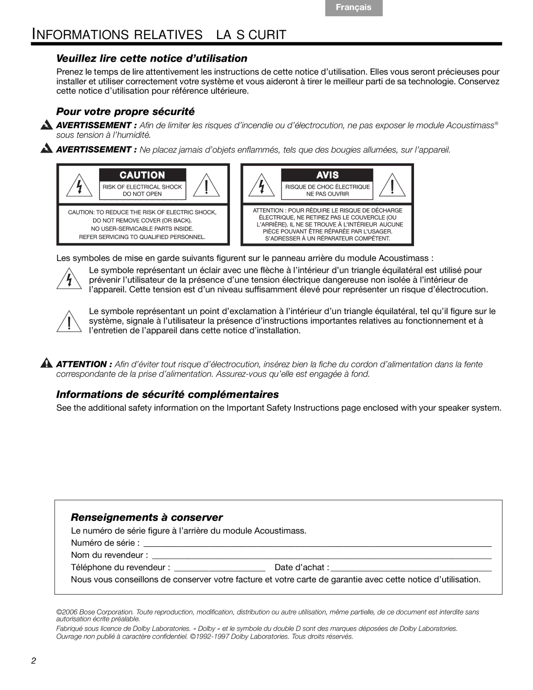 Bose 16, 15 Informations Relatives À LA Sécurité, Veuillez lire cette notice d’utilisation, Pour votre propre sécurité 