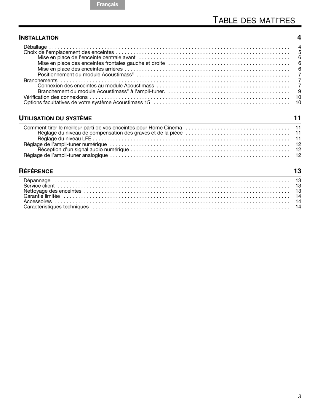 Bose 16 Series II, 15 Series III, 16, 15 manual Table DES Matières, Installation 