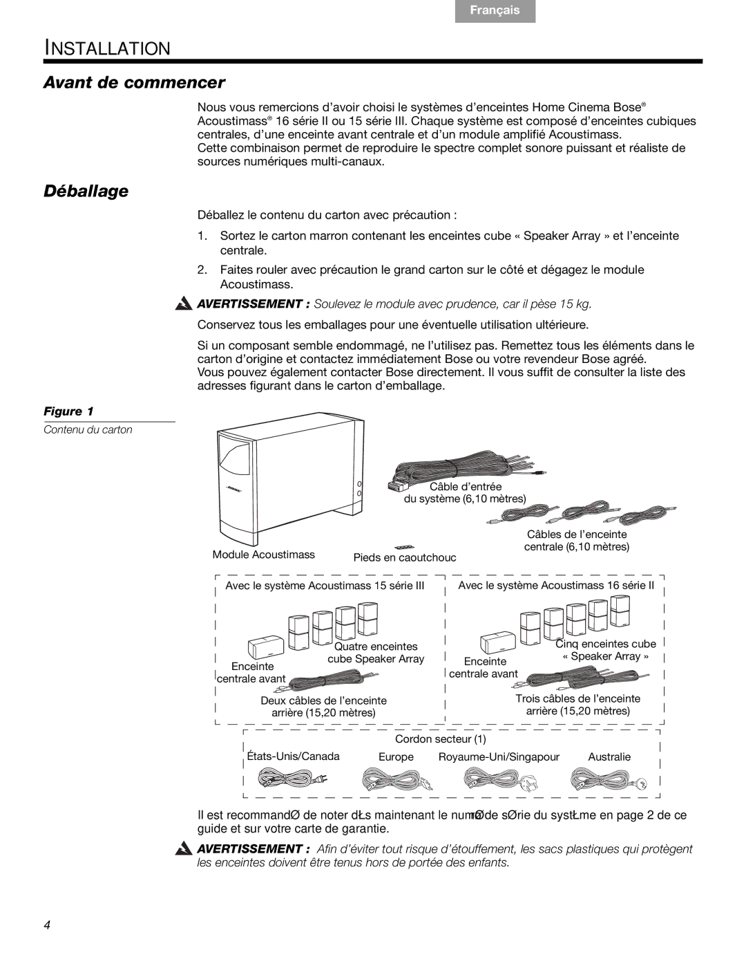 Bose 16, 15, 16 Series II, 15 Series III manual Installation, Avant de commencer, Déballage 