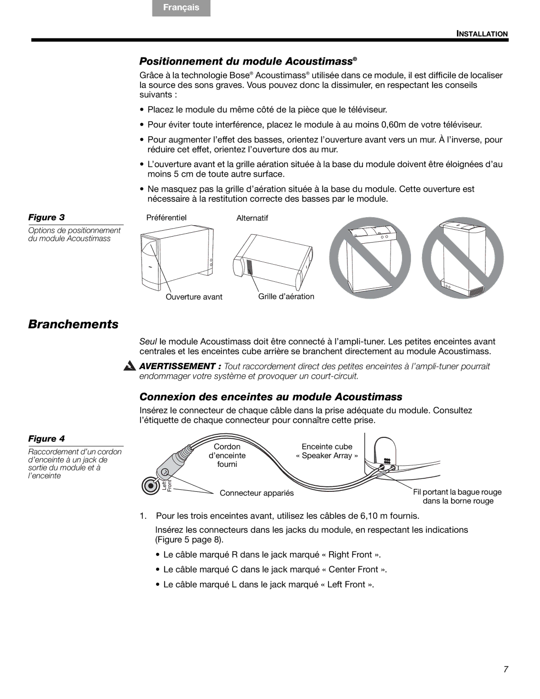 Bose 16 Series II, 15 Series III, 16, 15 manual Branchements, Positionnement du module Acoustimass 