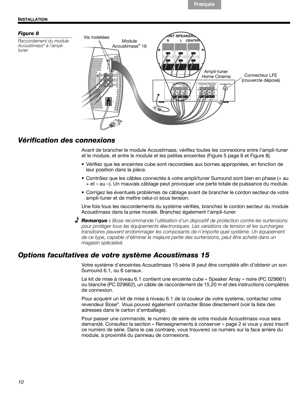 Bose 16, 15, 16 Series II, 15 Series III Vérification des connexions, Options facultatives de votre système Acoustimass 