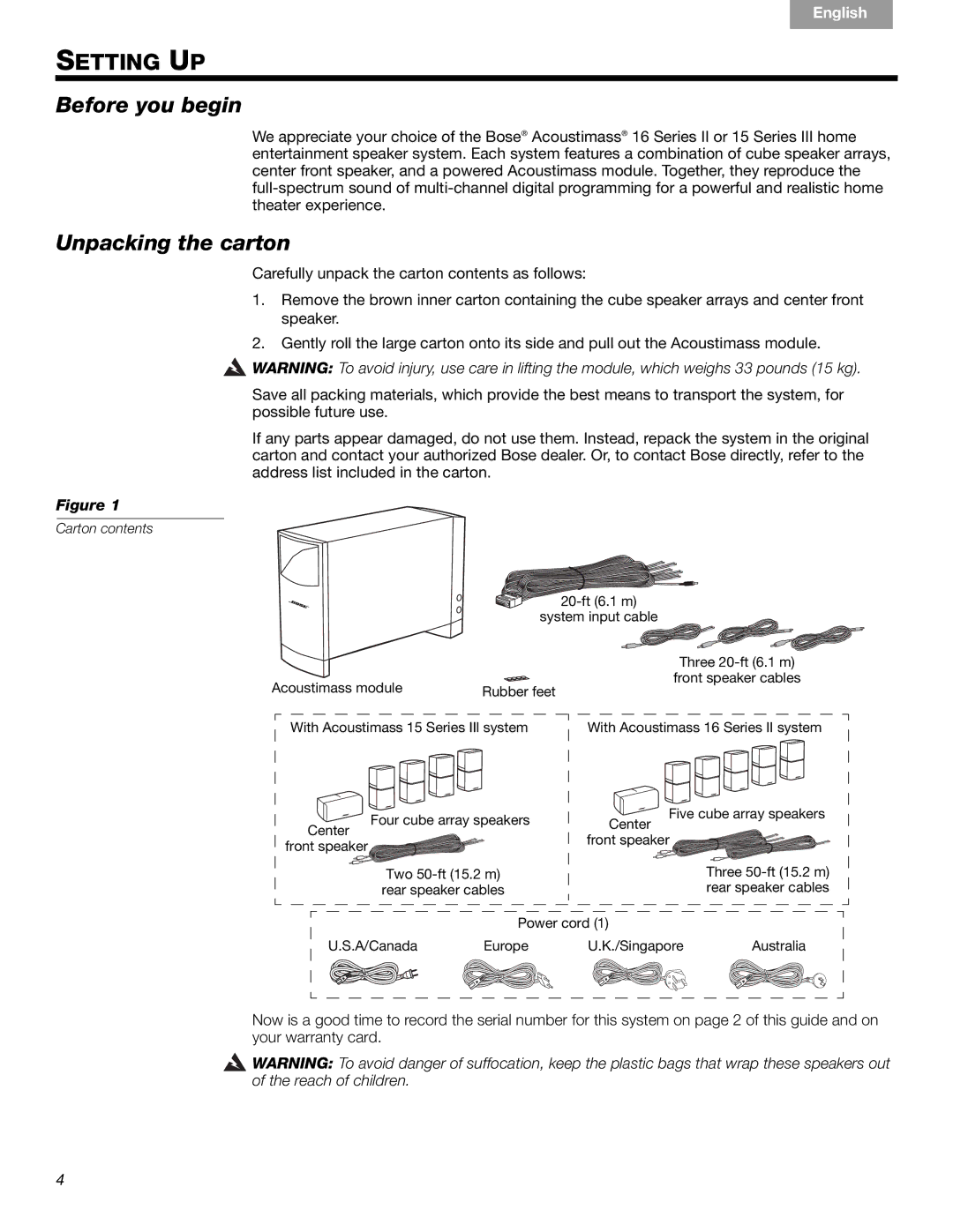 Bose 16, 15, 16 Series II, 15 Series III manual Setting UP, Before you begin, Unpacking the carton 