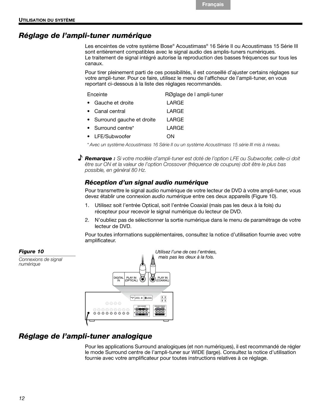 Bose 16, 15 Réglage de l’ampli-tuner numérique, Réglage de l’ampli-tuner analogique, Réception d’un signal audio numérique 