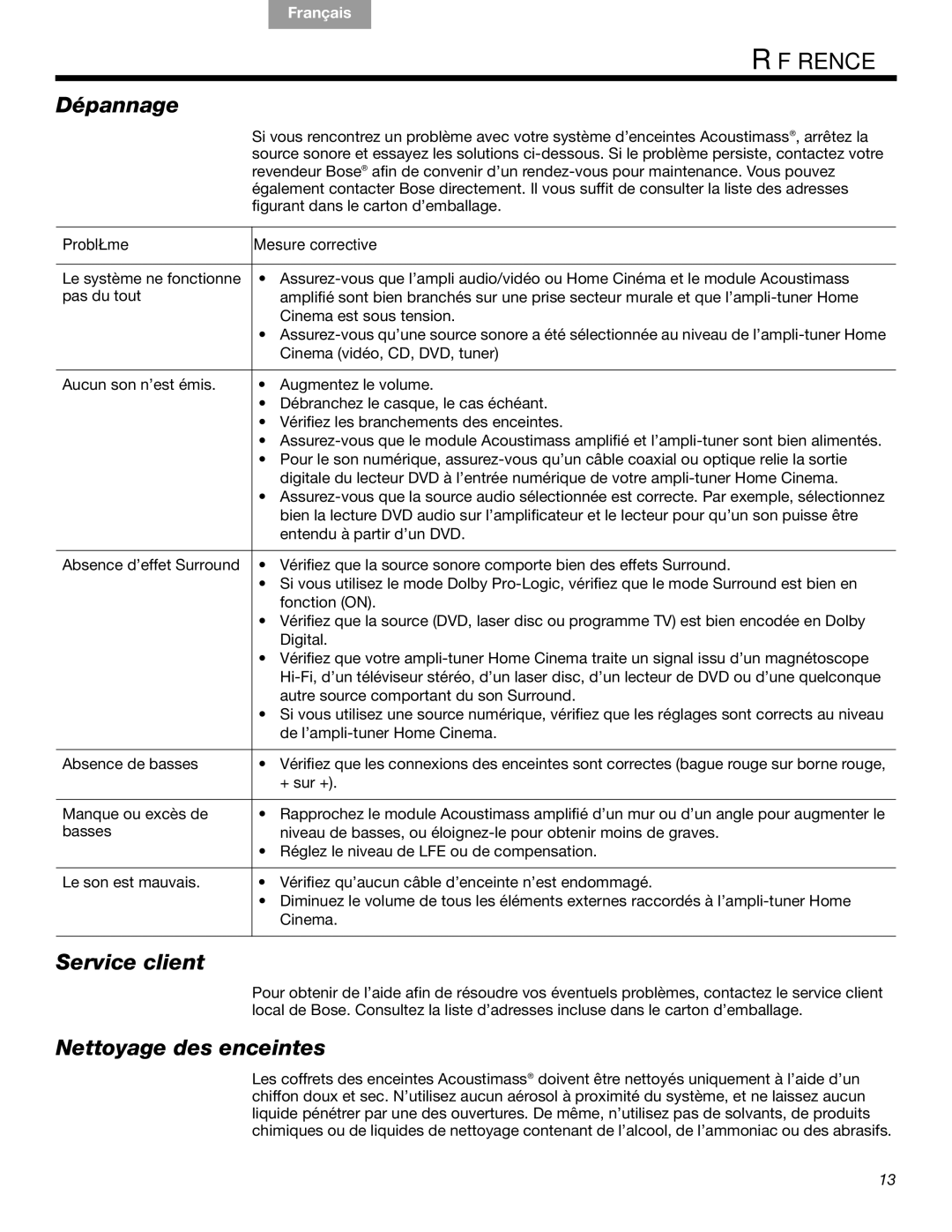 Bose 16 Series II, 15 Series III Référence, Dépannage, Service client, Nettoyage des enceintes, Problème Mesure corrective 