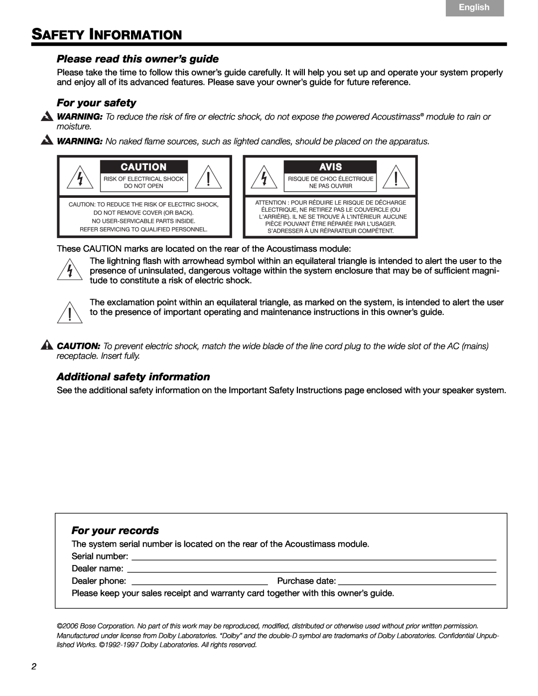 Bose 16, 15 Safety Information, Please read this owner’s guide, For your safety, Additional safety information, English 