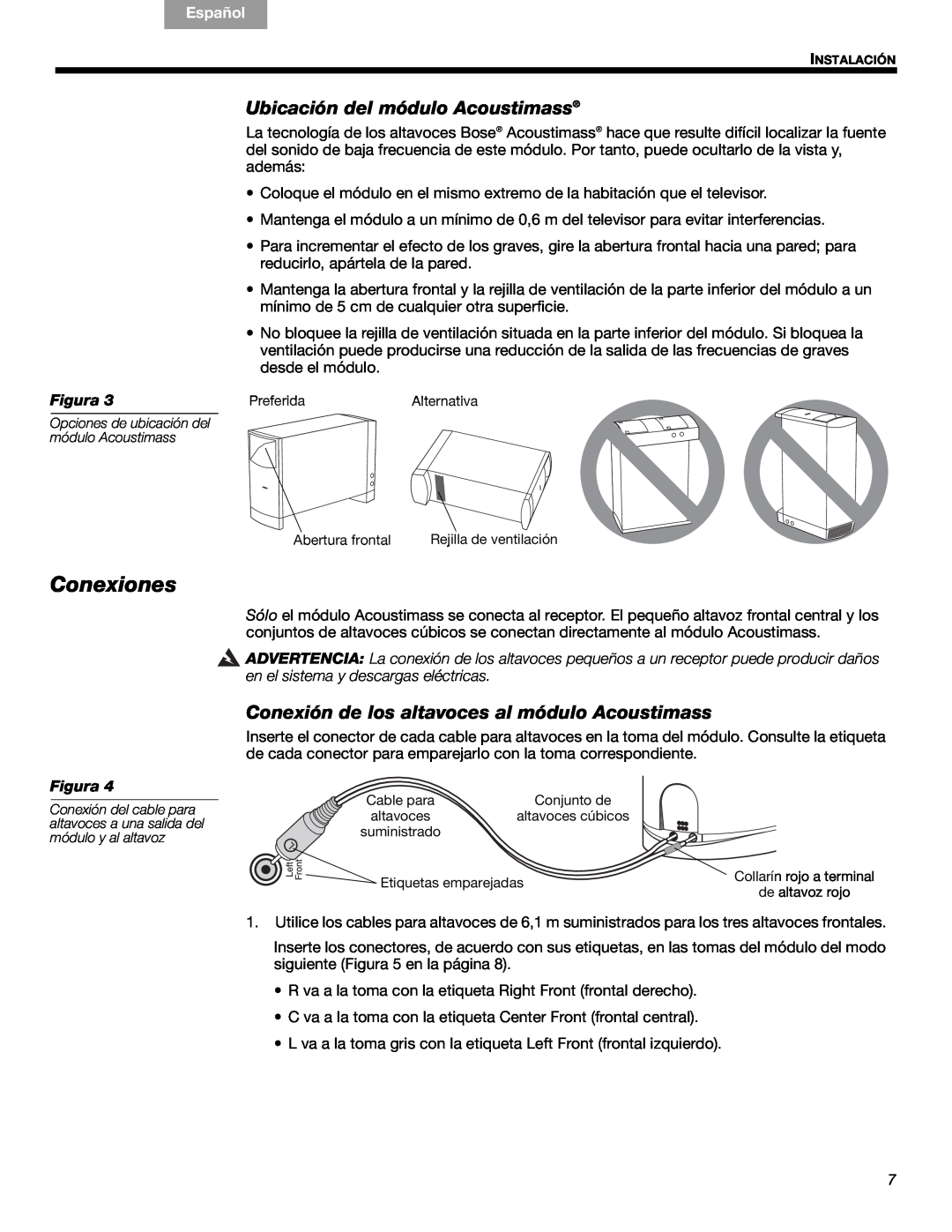 Bose 16 Series II, 15 Series III, 16, 15 Conexiones, Ubicación del módulo Acoustimass, English, Español, Français, Figura 