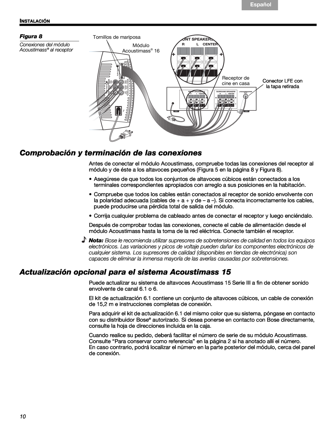 Bose 16, 15 Comprobación y terminación de las conexiones, Actualización opcional para el sistema Acoustimass, Français 