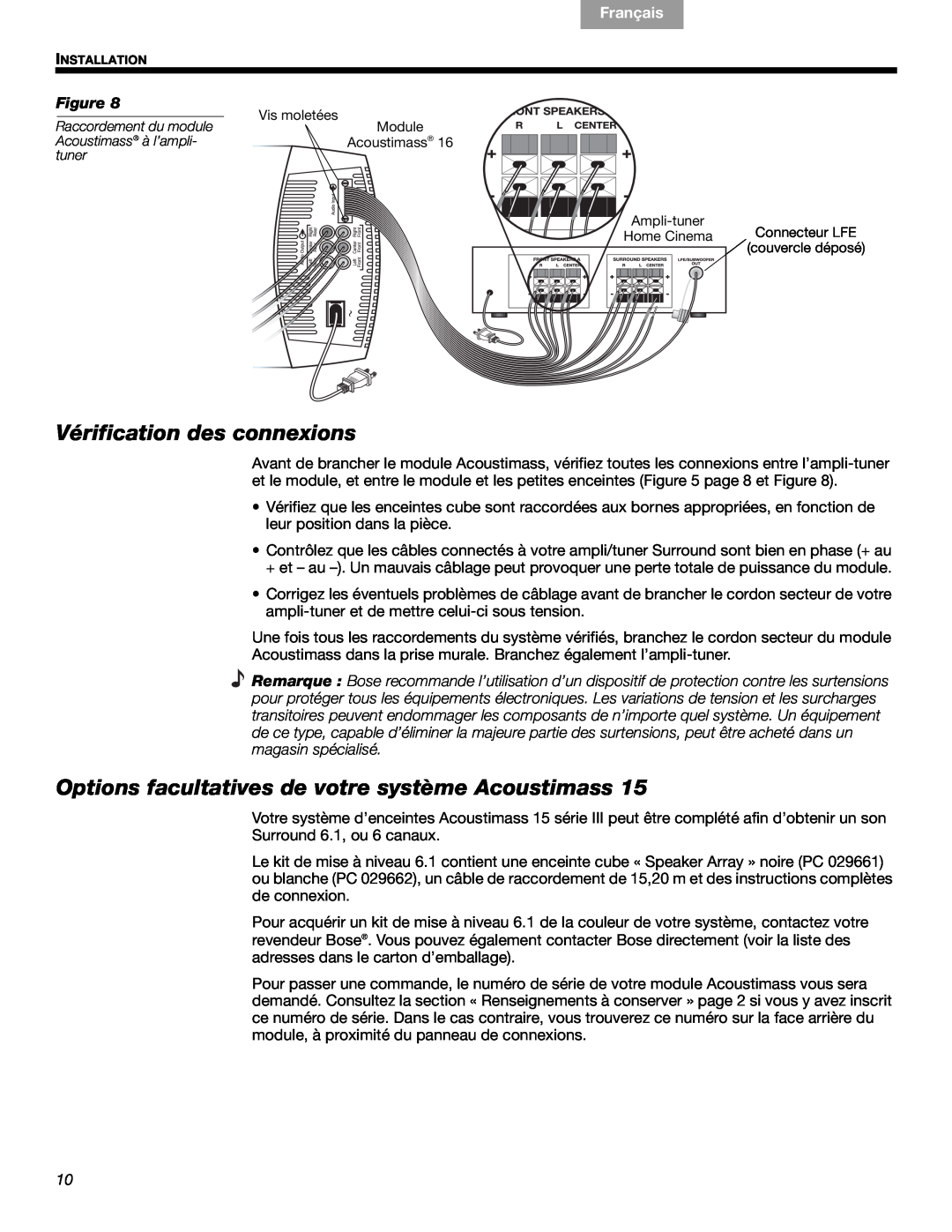 Bose 16, 15 Vérification des connexions, Options facultatives de votre système Acoustimass, Français, Español English 