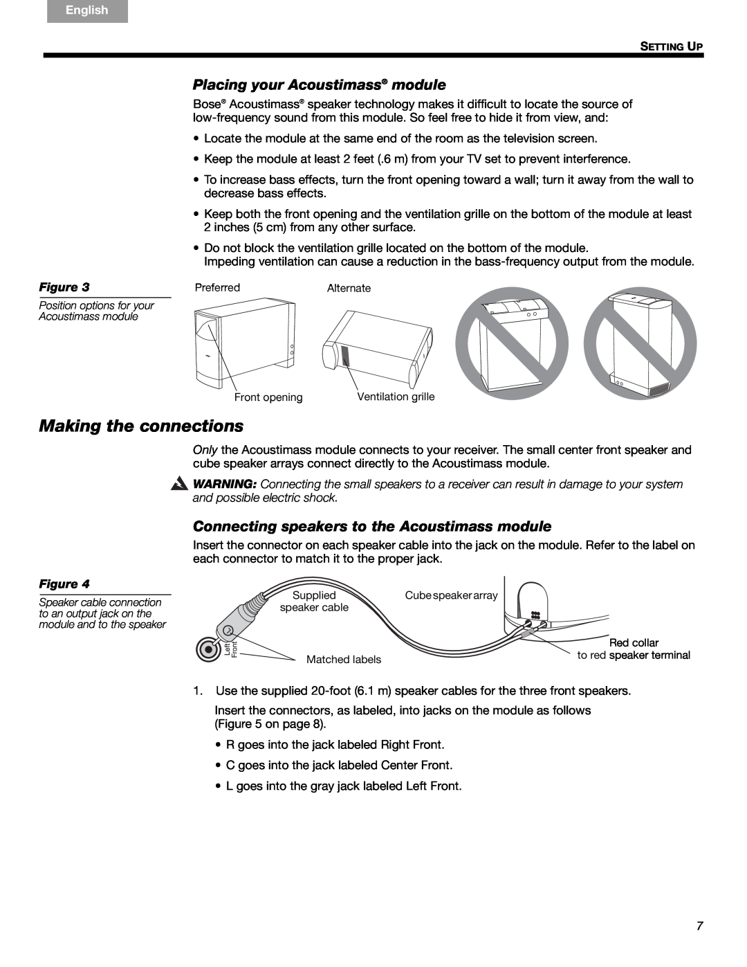 Bose 16 Series II, 15 Series III manual Making the connections, Placing your Acoustimass module, English, Español Français 