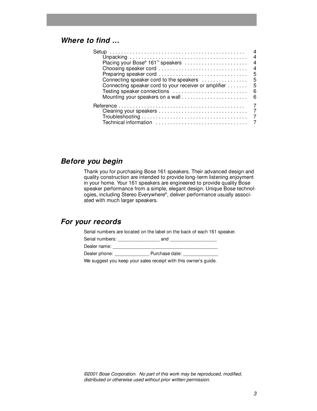 Bose 161 manual Where to find …, Before you begin, For your records 