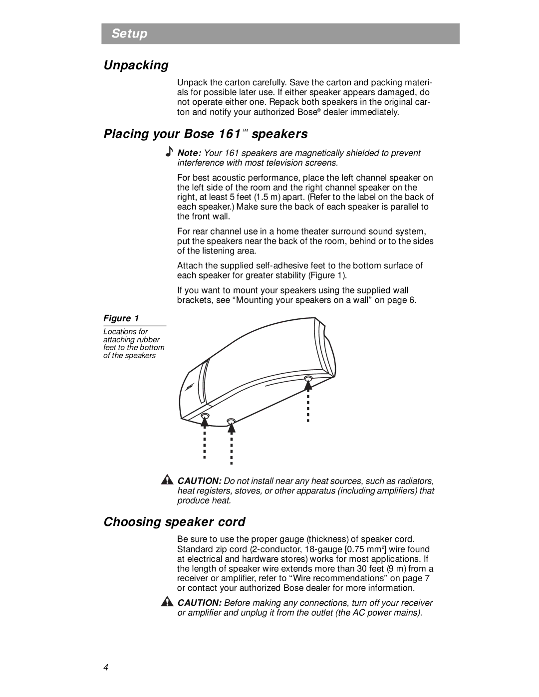 Bose manual Unpacking, Placing your Bose 161 speakers, Choosing speaker cord 