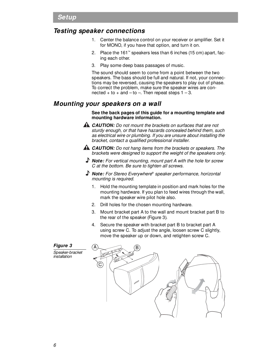 Bose 161 manual Testing speaker connections, Mounting your speakers on a wall 