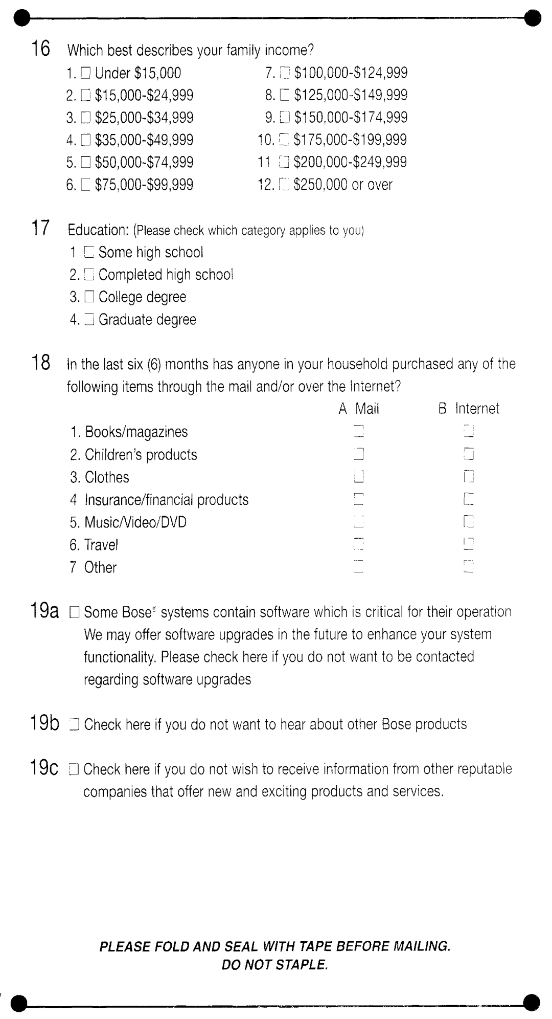 Bose 161TM manual 19b, Which best describes your family income? Under $15,000, JCI$15,000--$24,999, $75,000.000-$-99,999 