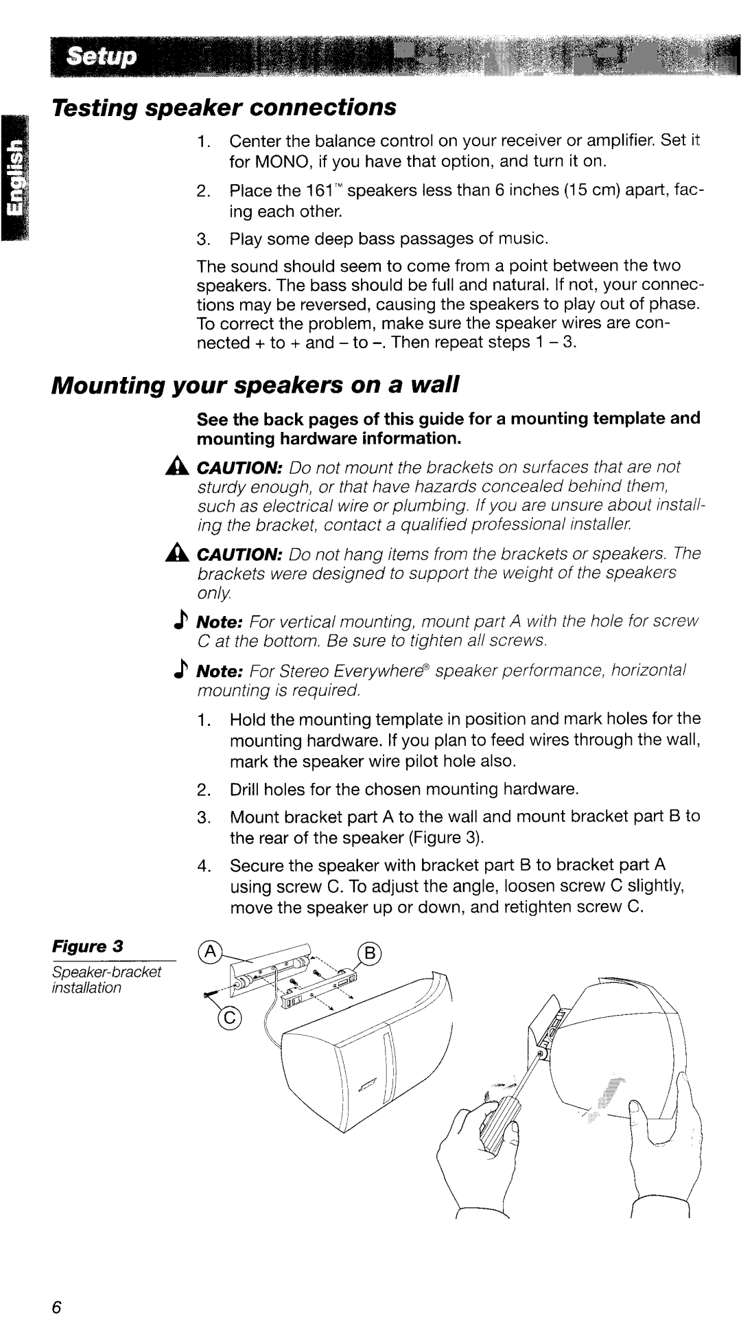 Bose 161TM manual Testing speaker connections, Mounting your speakers on a wall 