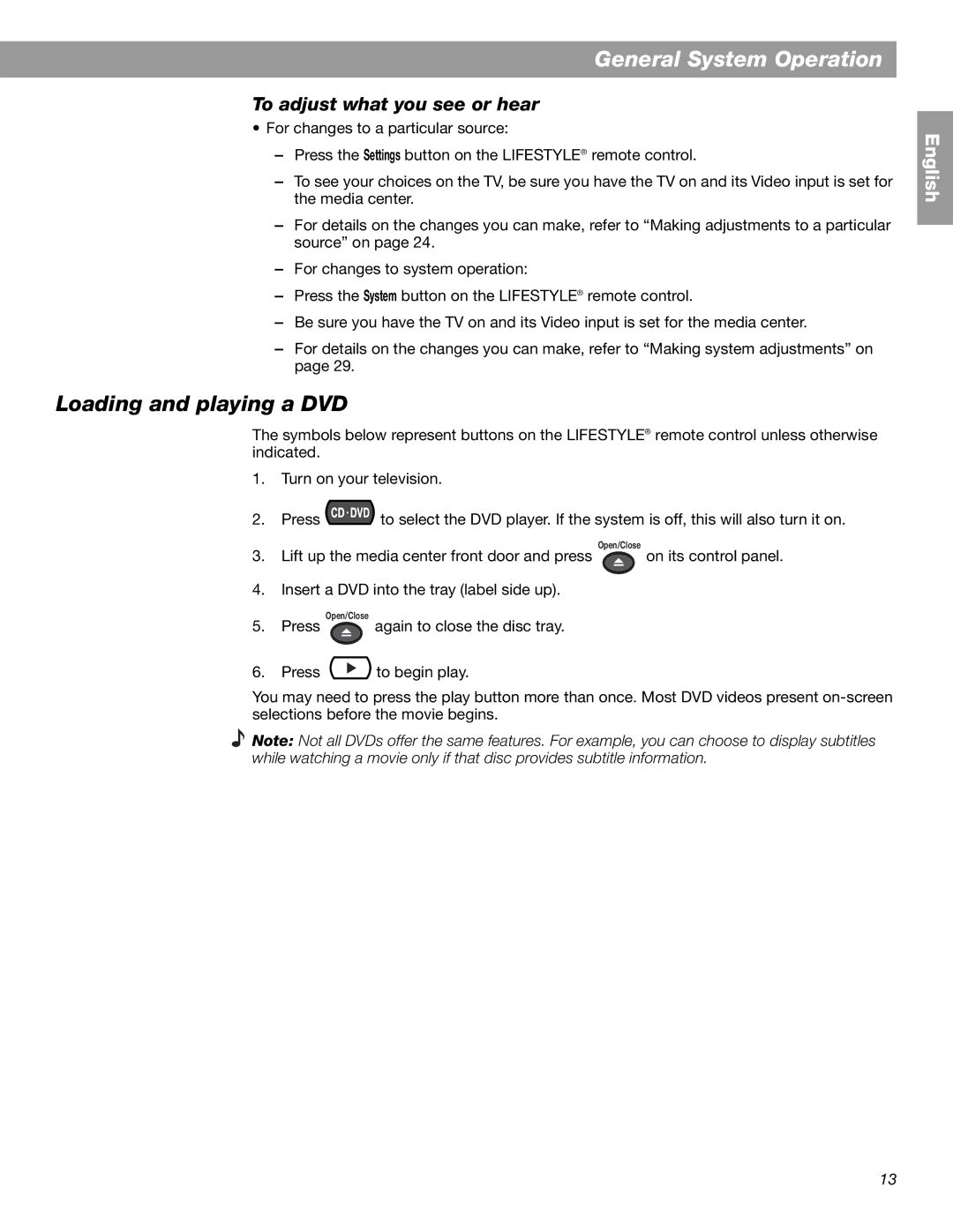 Bose 28, 18 Series II manual General System Operation, Loading and playing a DVD, To adjust what you see or hear 