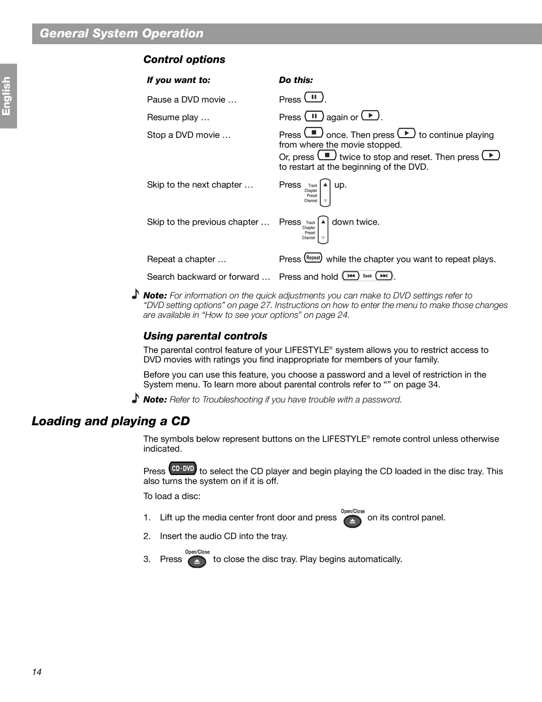 Bose 18 Series II, 28 manual Loading and playing a CD, Control options, Using parental controls, If you want to Do this 