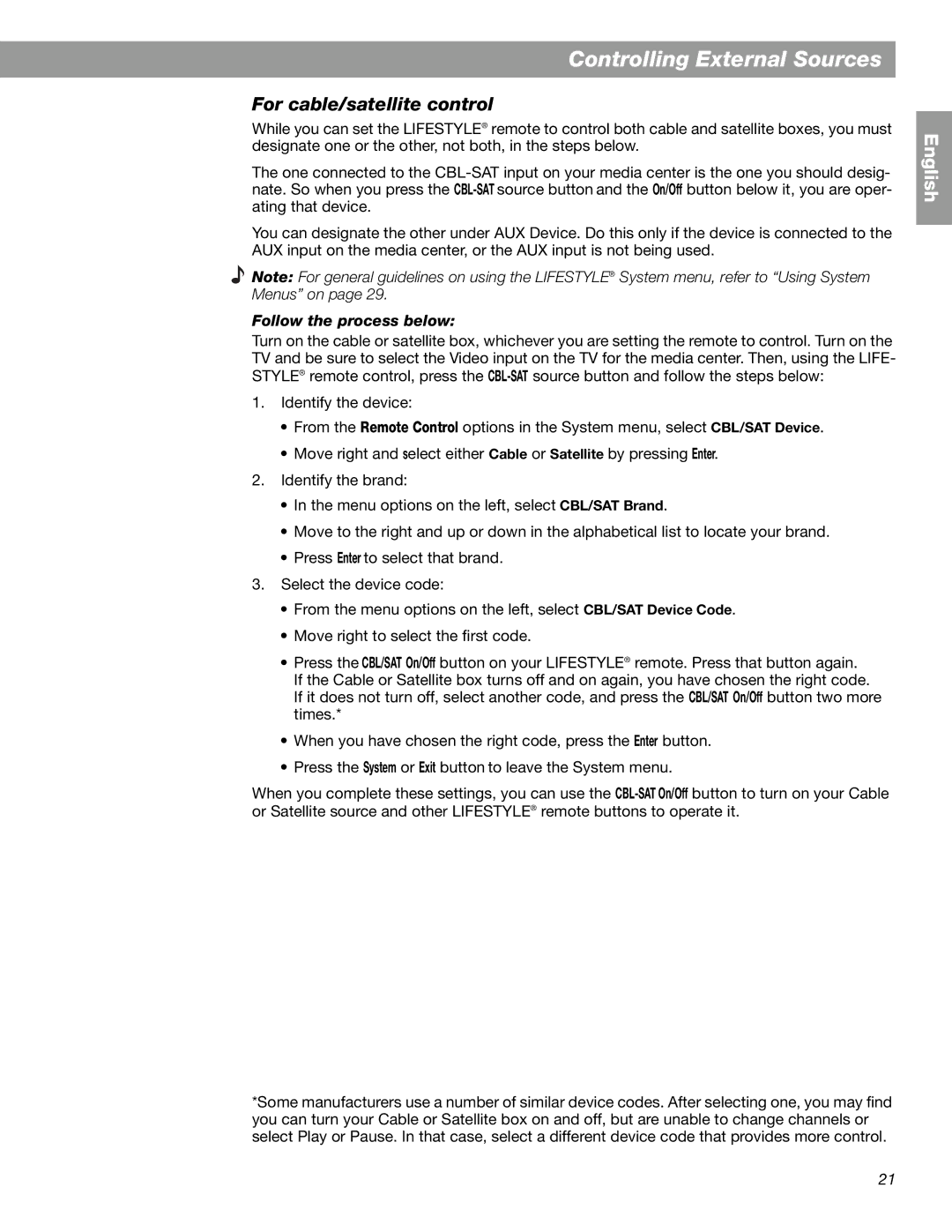 Bose 28, 18 Series II manual For cable/satellite control, Follow the process below 