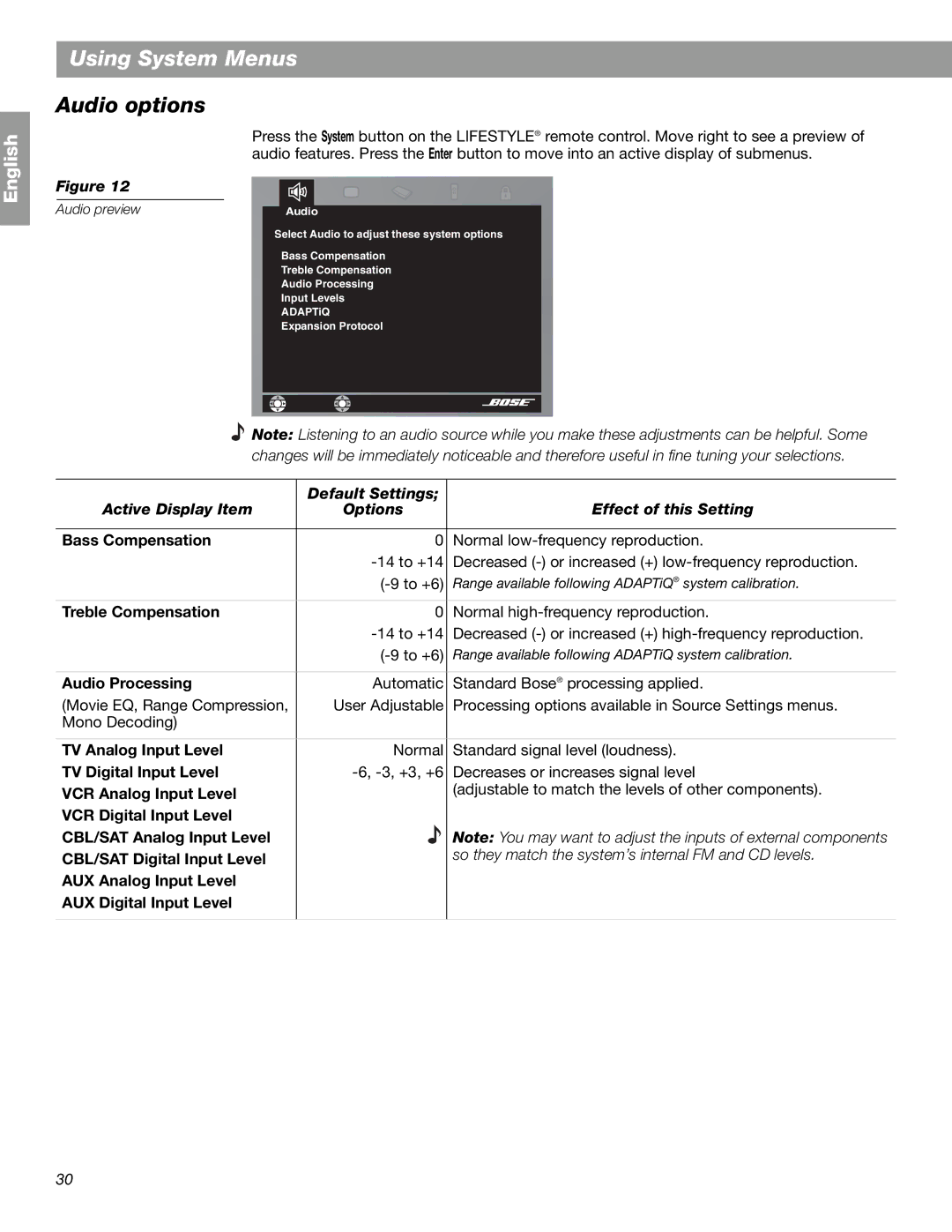 Bose 18 Series II, 28 manual Audio options 