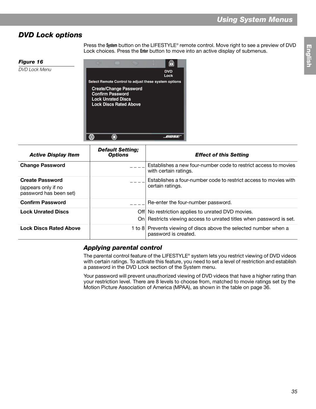 Bose 28, 18 Series II manual DVD Lock options, Applying parental control 