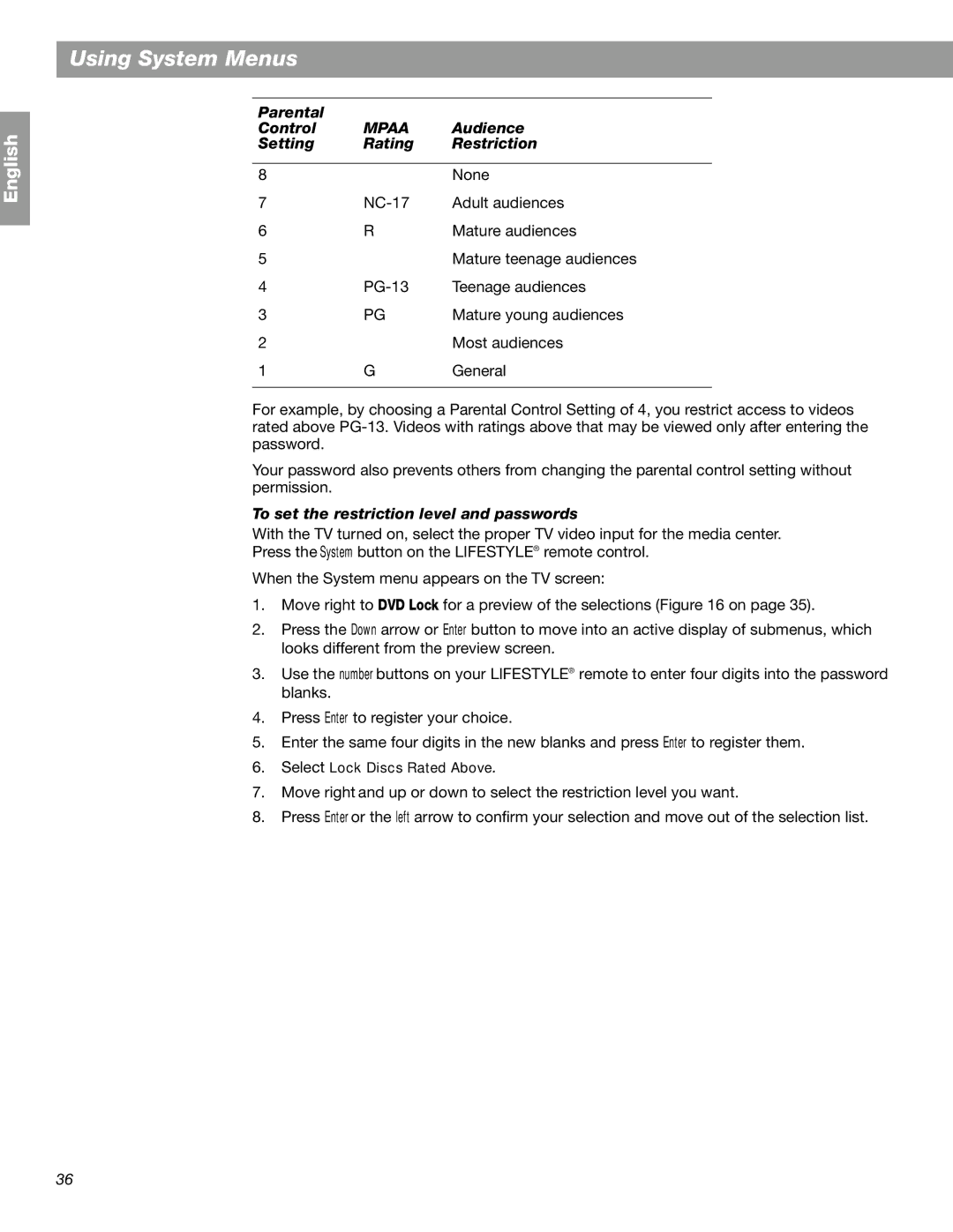 Bose 18 Series II, 28 Parental Control, Audience, Setting Rating Restriction, To set the restriction level and passwords 