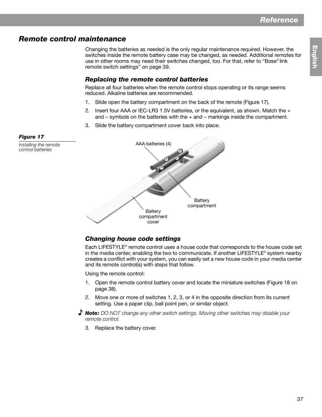 Bose 28 manual Reference, Remote control maintenance, Replacing the remote control batteries, Changing house code settings 