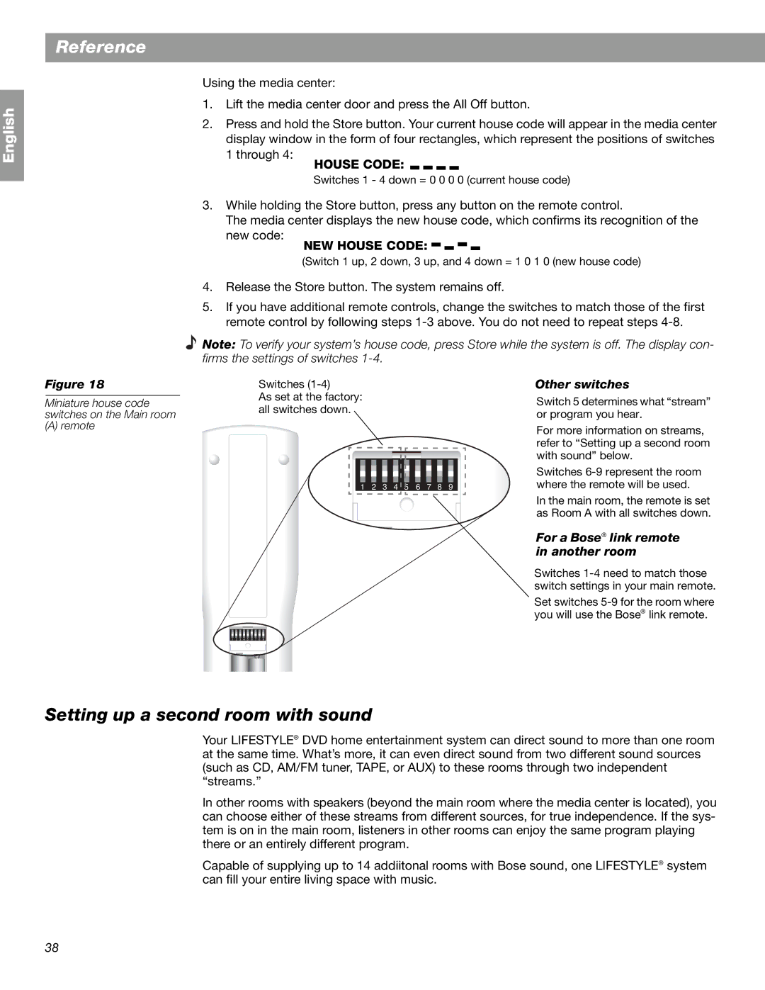 Bose 18 Series II, 28 manual Setting up a second room with sound, Other switches, For a Bose link remote in another room 