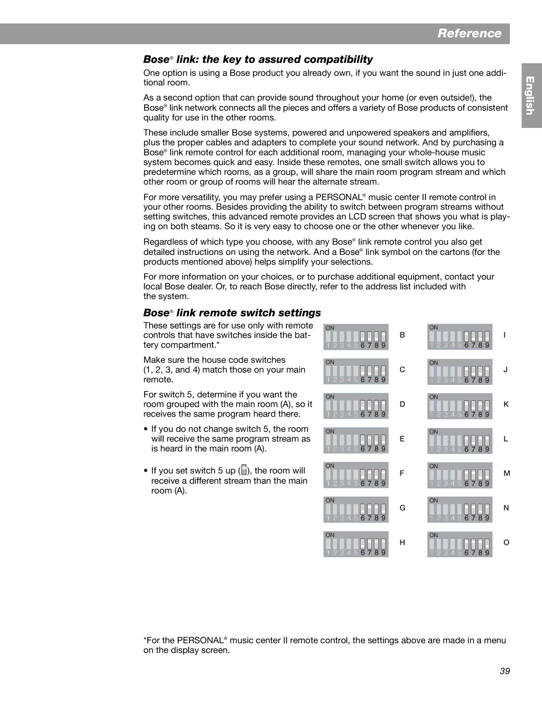 Bose 28, 18 Series II manual Bose link the key to assured compatibility, Bose link remote switch settings 