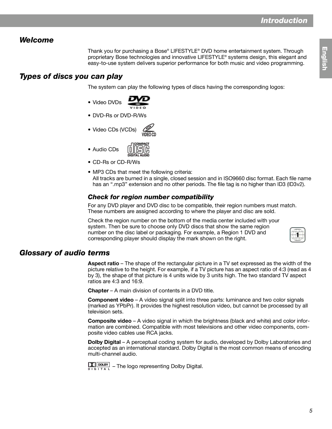 Bose 28 Introduction, Welcome, Types of discs you can play, Glossary of audio terms, Check for region number compatibility 