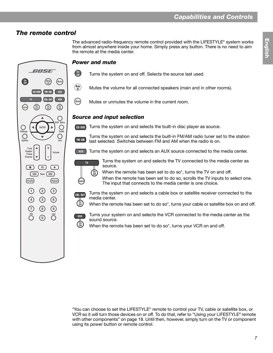 Bose 28, 18 Series II manual Capabilities and Controls, Remote control, Power and mute, Source and input selection 