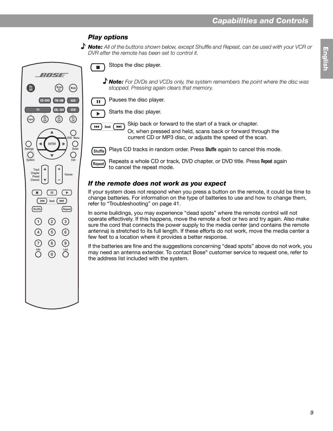 Bose 28, 18 Series II manual Play options, If the remote does not work as you expect 