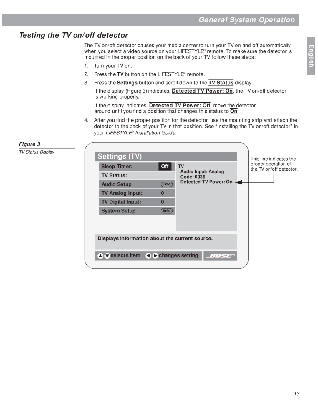 Bose 18 manual Testing the TV on/off detector, Settings TV 