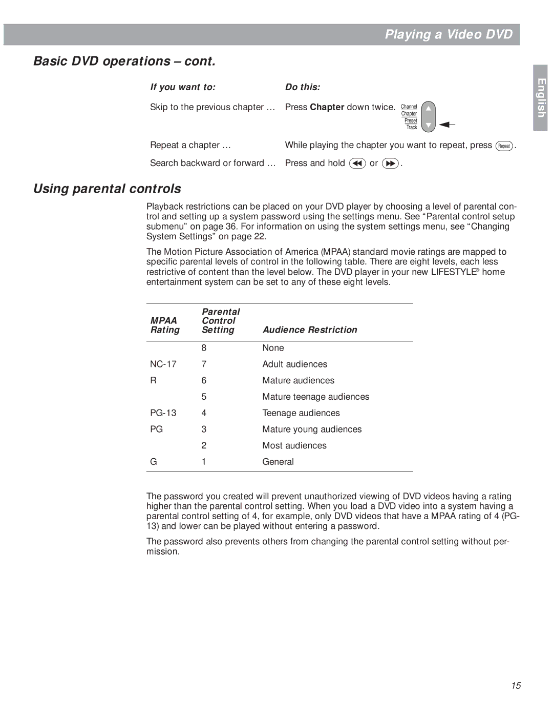 Bose 18 manual Using parental controls, If you want to Do this, Parental, Control Rating Setting Audience Restriction 